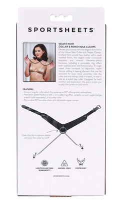 Velvet Noir Collar & Removable Clamps – Faux Leather Collar with Adjustable Nipple Clamps | Sportsheets