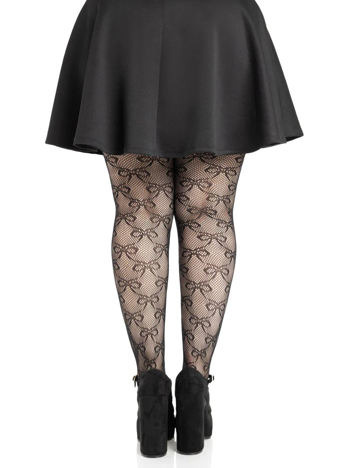 Plus Bow Net Tights - 1x 2x - Black