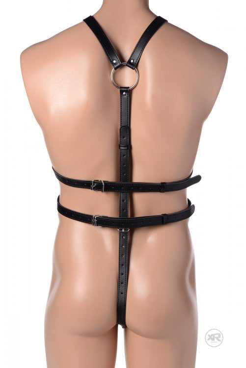 Strict Male Full Body Harness Black – Adjustable PU Leather Bondage Harness with Double Rings