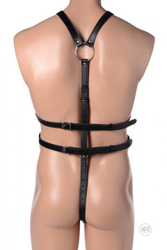 Strict Male Full Body Harness Black – Adjustable PU Leather Bondage Harness with Double Rings