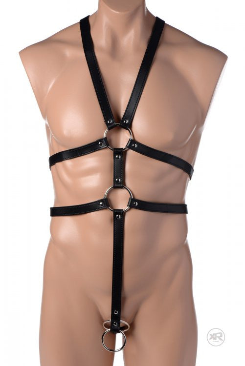 Strict Male Full Body Harness Black – Adjustable PU Leather Bondage Harness with Double Rings