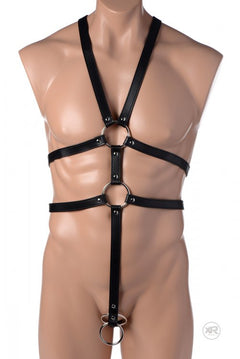 Strict Male Full Body Harness Black – Adjustable PU Leather Bondage Harness with Double Rings