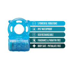 Stay Hard Rechargeable 5 Function Cock Ring Blue – Waterproof Vibrating C-Ring