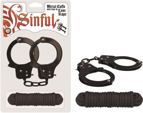 SINFUL METAL CUFFS W/LOVE ROPE BLACK