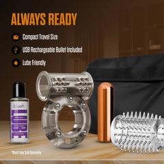 Stay Hard Vibrating Cock Ring Set with Sleeve – Rechargeable Textured Sleeve Ring Kit