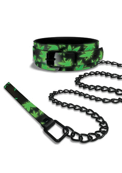 Stoner Vibes Chronic Collection Glow in the Dark Collar & Leash – Vegan Leather BDSM Accessory