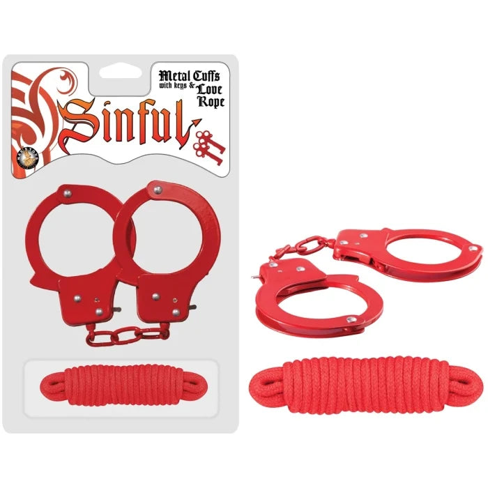 Sinful Metal Cuffs with Love Rope Red – Adjustable Metal Wrist Restraints