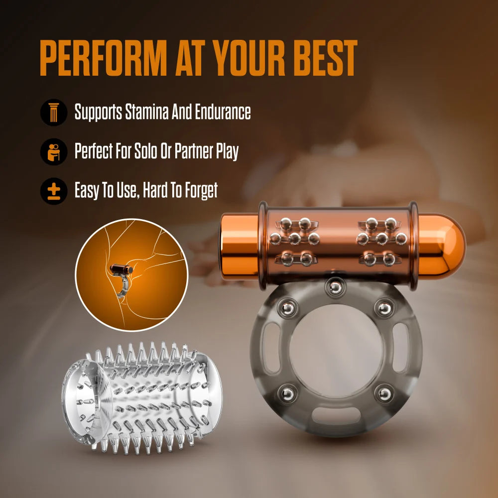 Stay Hard Vibrating Cock Ring Set with Sleeve – Rechargeable Textured Sleeve Ring Kit