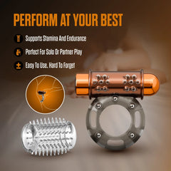 Stay Hard Vibrating Cock Ring Set with Sleeve – Rechargeable Textured Sleeve Ring Kit
