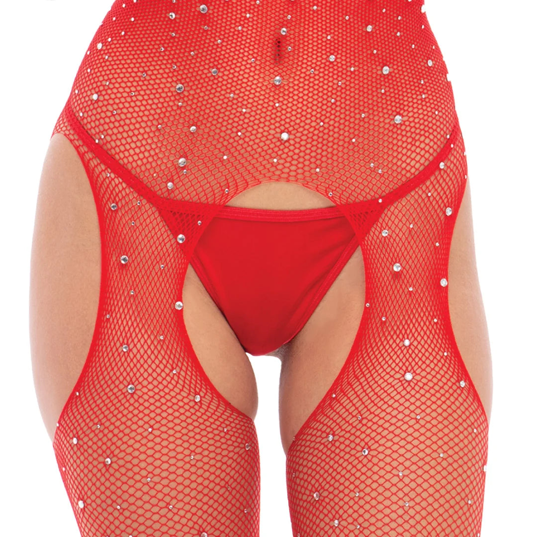René Rofé Sparkle Crotchless Bodystocking Red One Size – Shimmer Fishnet Lingerie