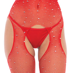 René Rofé Sparkle Crotchless Bodystocking Red One Size – Shimmer Fishnet Lingerie