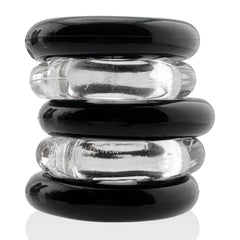 Jacker 5-Stack Five-Pack Tube Super-Strong Cockrings Clear Black