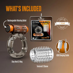 Stay Hard Vibrating Cock Ring Set with Sleeve – Rechargeable Textured Sleeve Ring Kit
