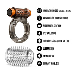 Stay Hard Vibrating Cock Ring Set with Sleeve – Rechargeable Textured Sleeve Ring Kit